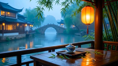 国风园林雨景