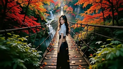 红枫山谷瀑布景区吊桥上的美女
