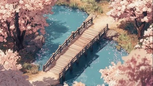 俯瞰粉樱河岸栈桥风景