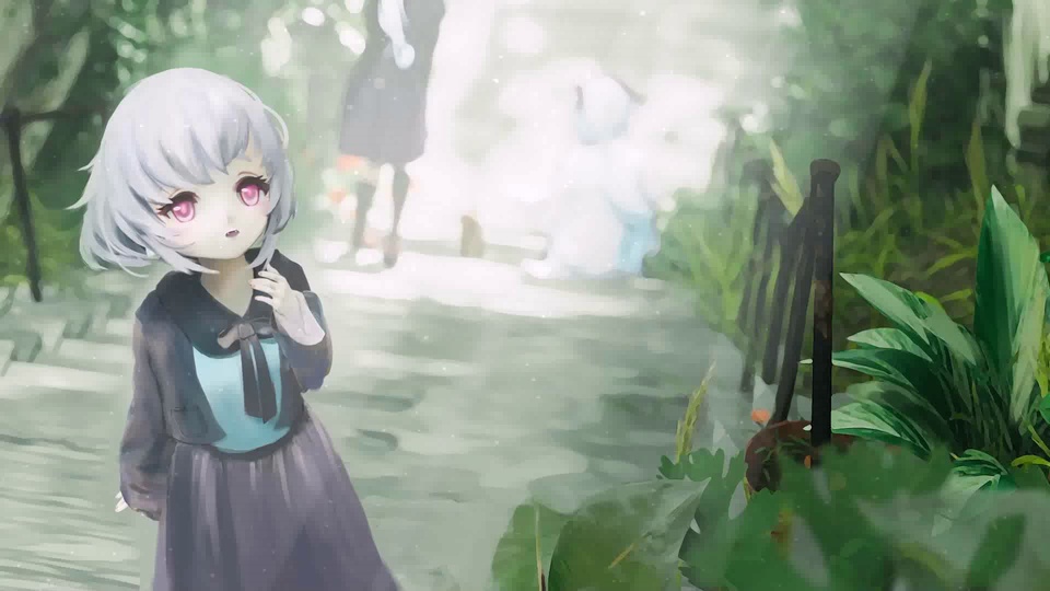 银发粉瞳少女站在绿植环绕的石板步道上，周围薄雾缭绕，背景朦胧柔和。