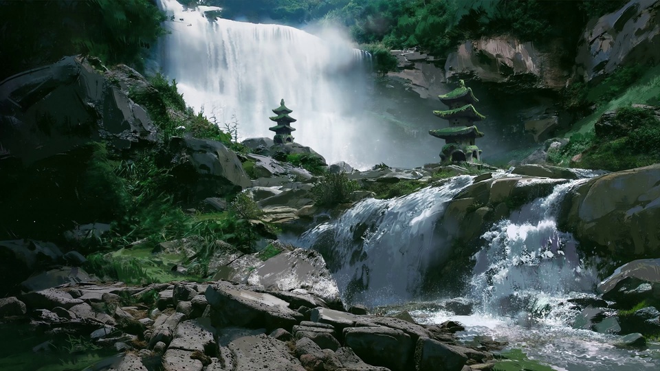 林间山谷中瀑布倾泻，岩上立着覆苔古石塔，四周绿植繁茂水雾氤氲。