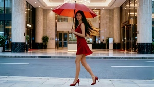 在商业步行街散步的撑红伞美女
