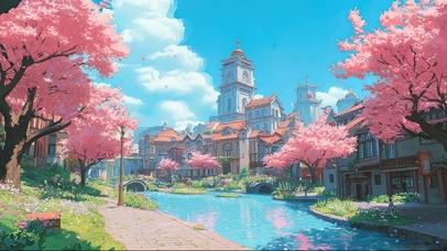 清新粉色春日河岸小镇