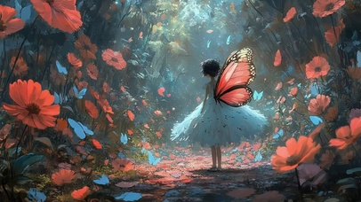 神秘花海森林蝴蝶女孩