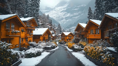 静谧雪原山谷小镇