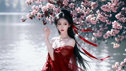 湖畔桃树下红衣仙气美女