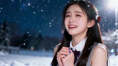 冬夜飘雪清纯美少女