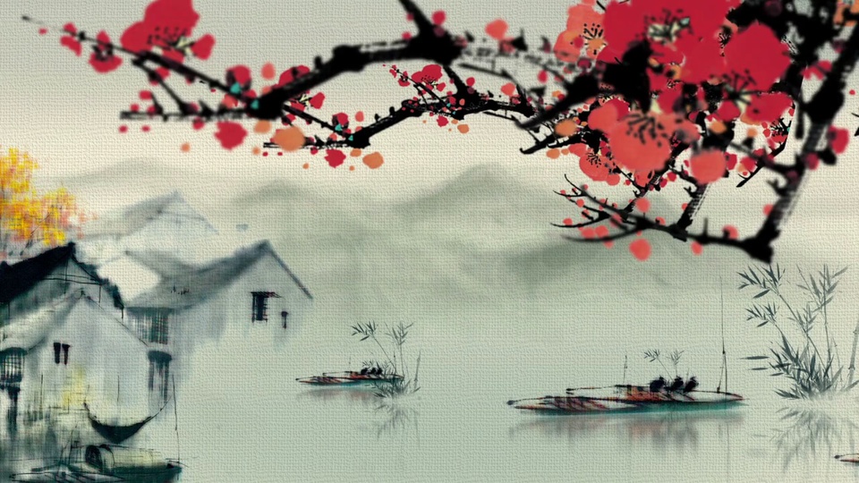 水墨国风江南水乡河畔，红梅枝横于画面上方，白墙黑瓦民居临水而建，渔船散在河面，淡墨远山隐于雾气中。