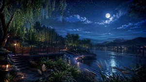 静谧月夜湖畔星空夜景