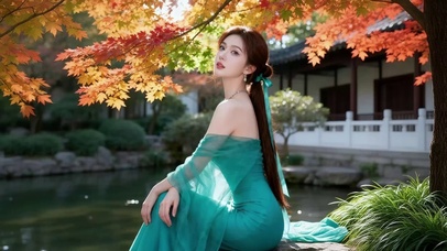 园林池塘旁悠闲独处的长裙美女