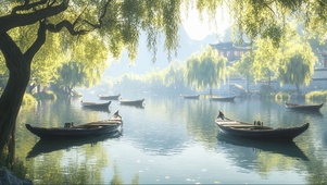 春日柳树湖上静谧小船