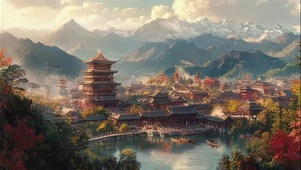 唯美古风山林城市湖畔