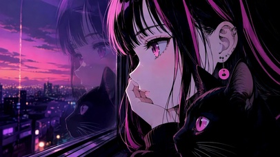 城市暮色中的少女与猫