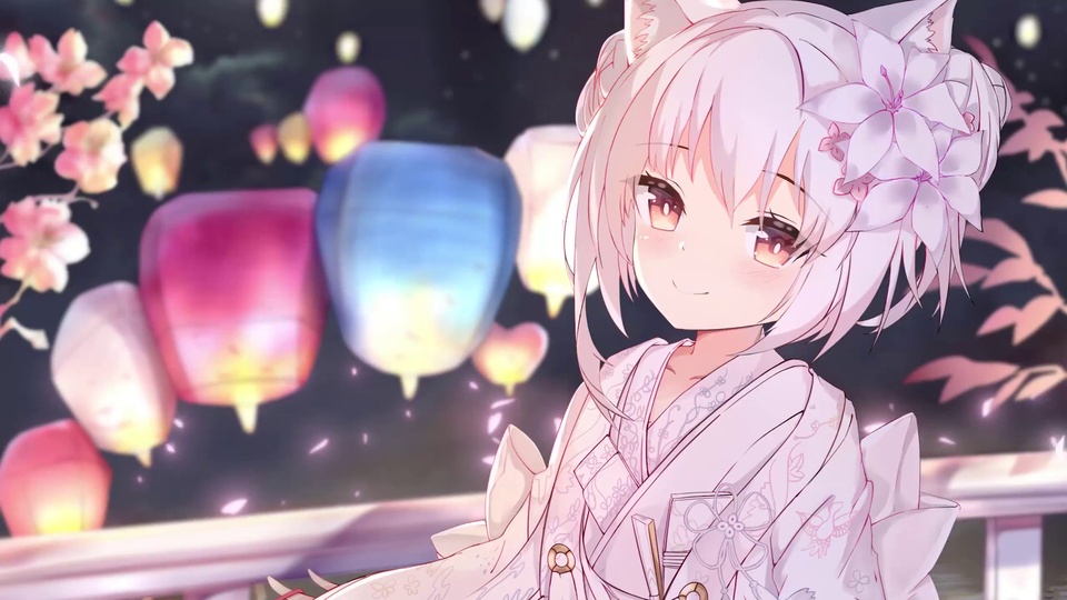 白发猫耳少女身着淡纹白和服，身处飘着彩孔明灯的夜樱花海。