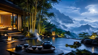 夜晚高山云雾小屋