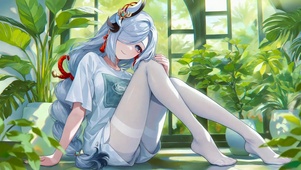 清新绿植窗边的美少女申鹤