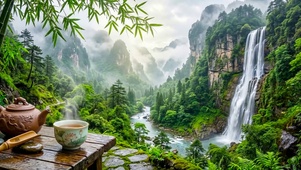 山水瀑布竹叶雨景