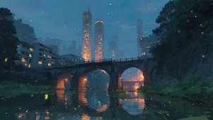 城市夜晚高楼河岸石桥