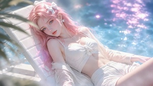 夏日泳池边的粉发少女