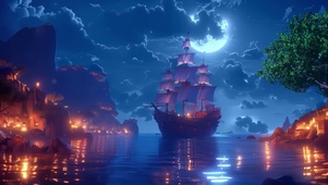 月夜海上船