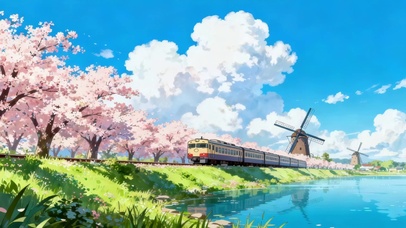 湖边樱花火车