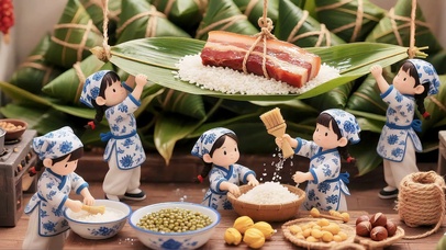 端午节包咸粽子的小人