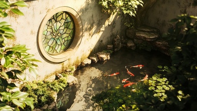 园林池塘午后唯美光影