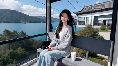 坐空中缆车游览风景的美女