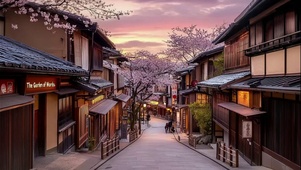 傍晚晚霞静谧日式街道