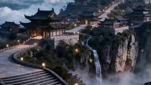 云雾古风瀑布山景带鱼屏