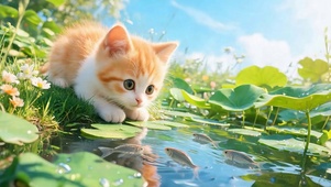 猫咪望着池塘鱼