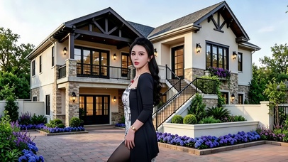 豪华别墅前跳舞的黑丝美女