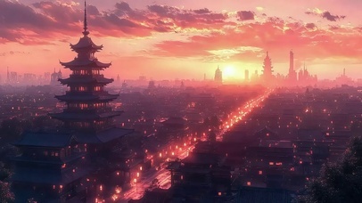 粉色晚霞古城宏伟风景