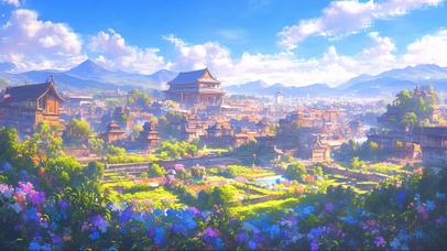 蓝天阳光鲜花古镇