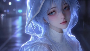 雨夜霓虹下的蓝发少女