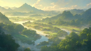 迷雾高山河流水田