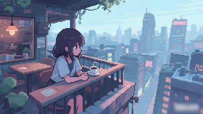 钟楼喝咖啡的少女