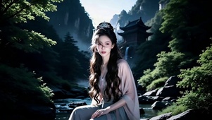 幽谷溪水仙境古风修仙美女