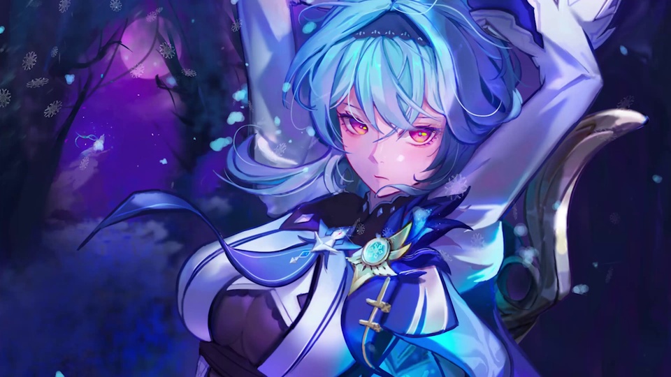 二次元插画风格的优菈立于飘雪的蓝紫色夜色森林中，银发身着深色礼服，抬手握剑，身后悬着淡紫色弯月。