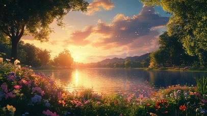 郊外花海湖泊黄昏树林