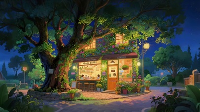 夜晚树下小屋