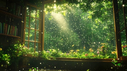 护眼窗外雨天雨滴树木绿景