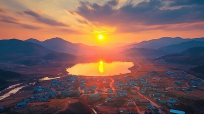 俯瞰落日山谷湖畔村落