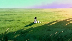 动漫草原小女孩和猫咪看日出