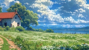 蓝天白云树木河流带鱼屏