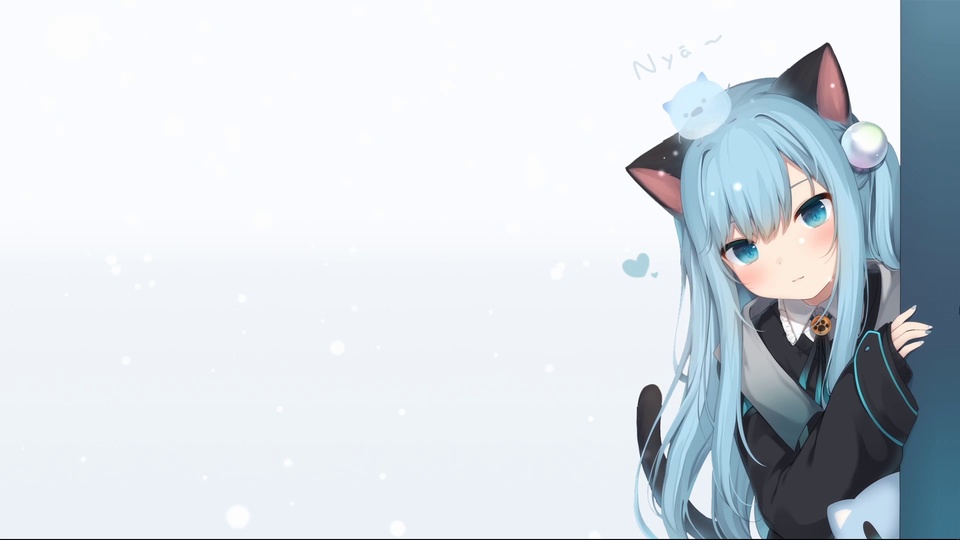 蓝发猫耳少女从墙后探身张望，身着黑边灰领制服，头顶趴着浅蓝色小猫装饰。
