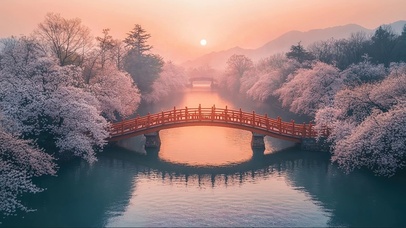 落日樱花河流拱桥