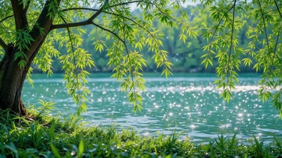 清新河畔垂柳绿意风光