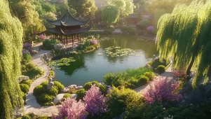 俯瞰春日唯美园林湖畔