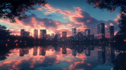 梦幻湖畔傍晚城市倒影